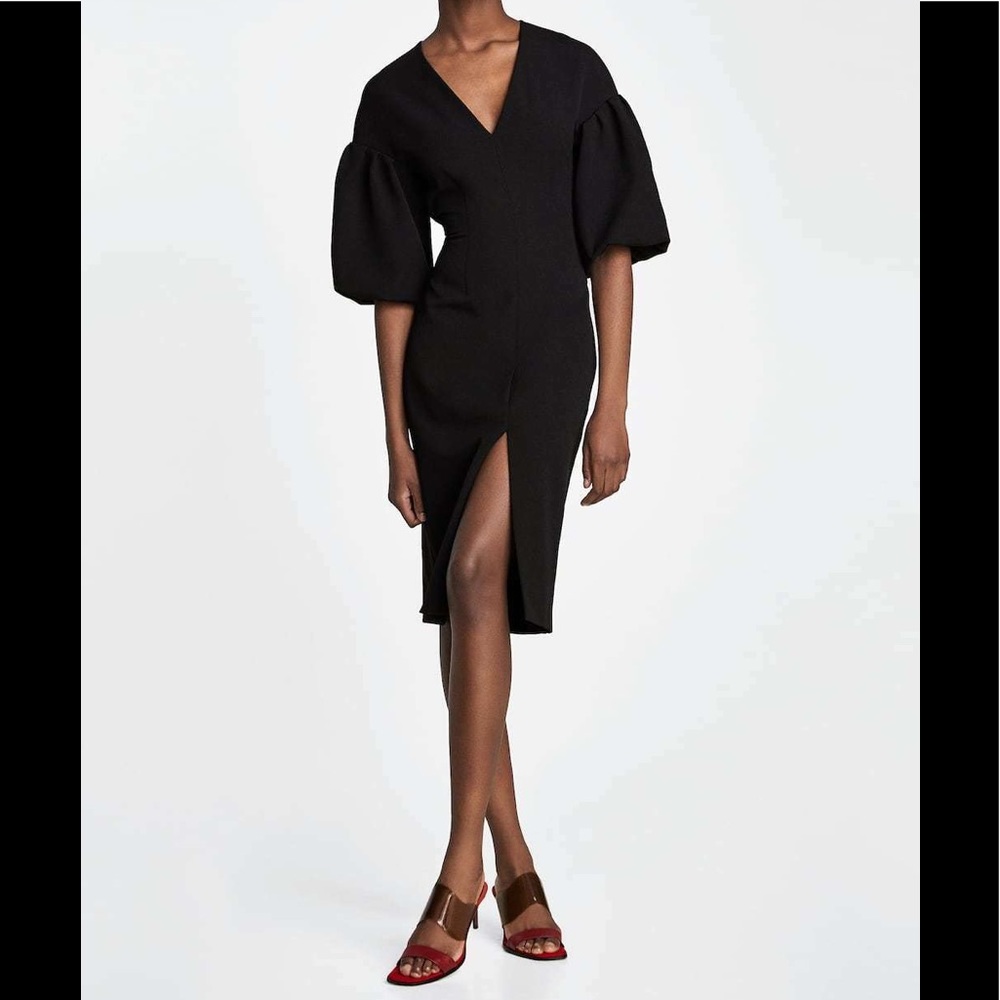 🤍 ZARA Black LBD Puff Sleeve Bodycon Midi Shift Dress